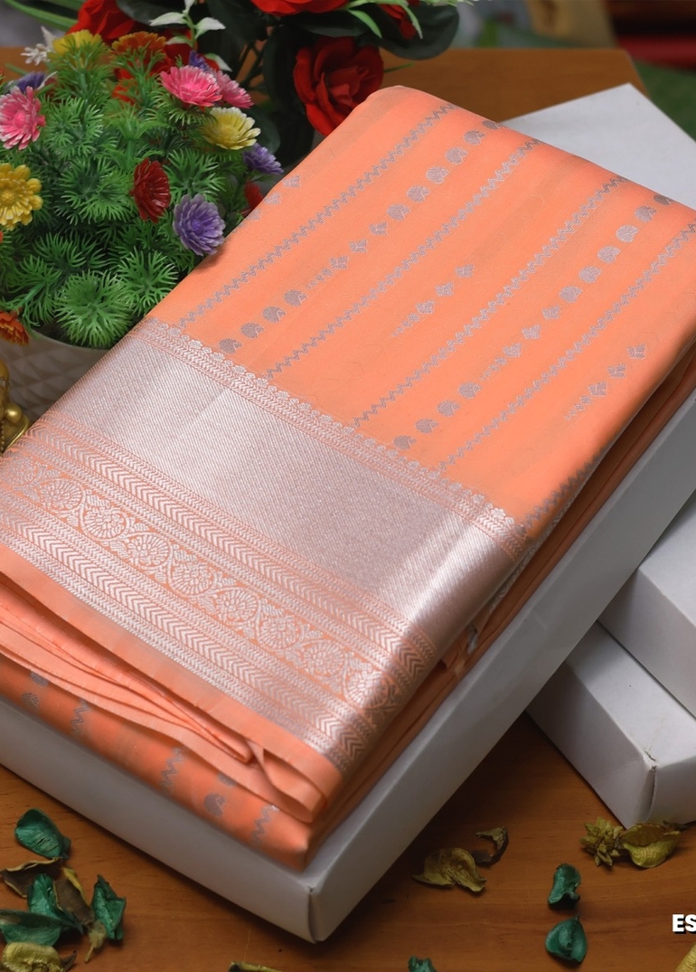 BRIDAL SILK GOLD SILVAR AND COPPER ZARI WEAVE AND WEDDING ART SILK SAREES - PEACH COLOUR