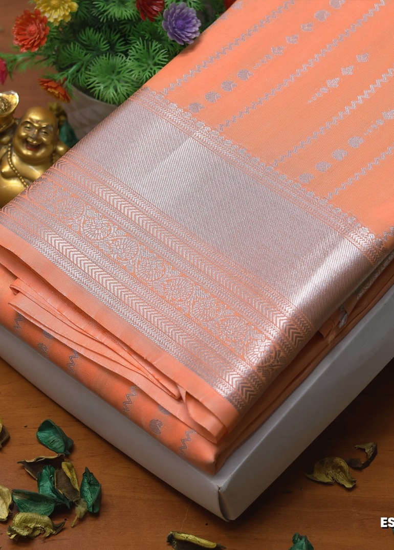 BRIDAL SILK GOLD SILVAR AND COPPER ZARI WEAVE AND WEDDING ART SILK SAREES - PEACH COLOUR