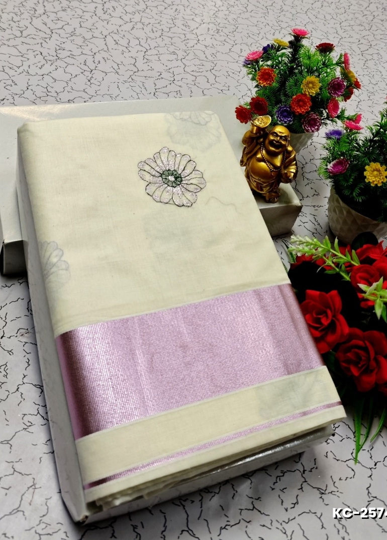 TRENDING KERALA SPECIAL FULL WORK EMBOSSED DIGITAL PRINTING  COTTON  SAREE COLLECTIONS - WHITE (58)