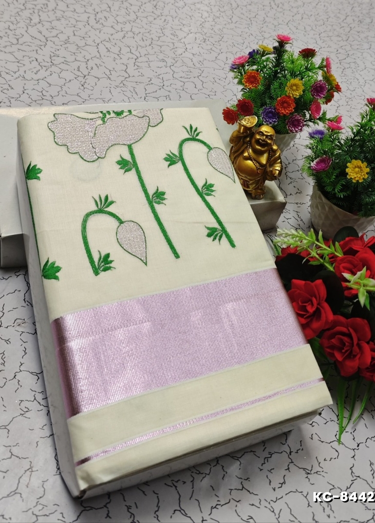 TRENDING KERALA SPECIAL FULL WORK EMBOSSED DIGITAL PRINTING COTTON SAREE COLLECTIONS - BEIGE COLOUR (49)