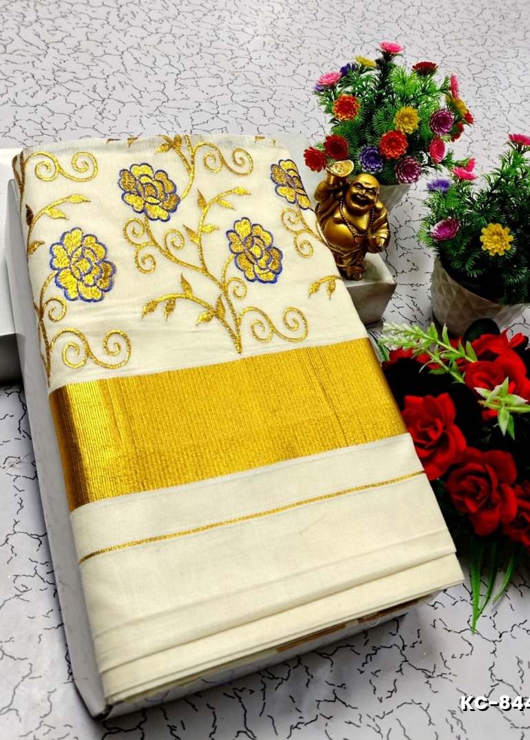 TRENDING KERALA SPECIAL FULL WORK EMBOSSED DIGITAL PRINTING  COTTON  SAREE COLLECTIONS - WHITE (59)