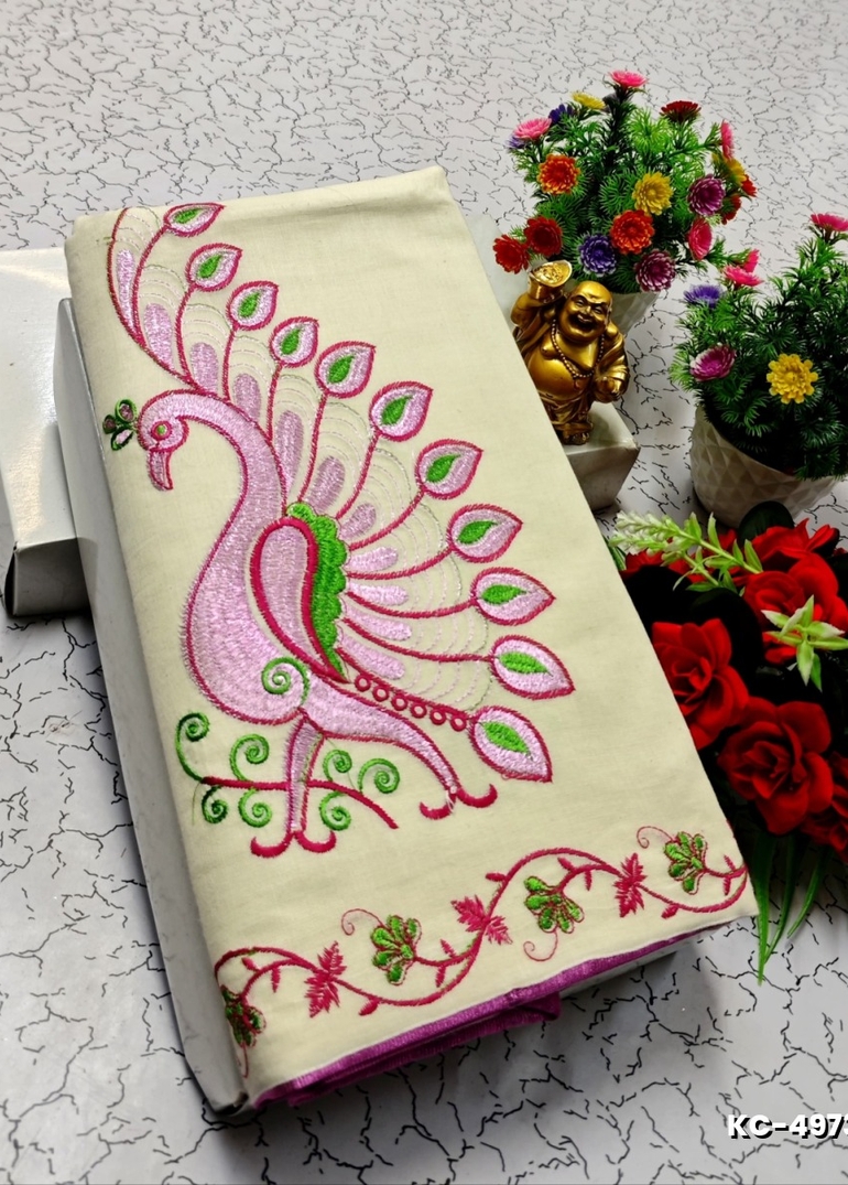 TRENDING KERALA SPECIAL FULL WORK EMBOSSED DIGITAL PRINTING COTTON SAREE COLLECTIONS - WHITE (62)