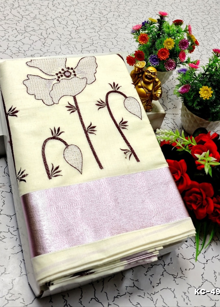 TRENDING KERALA SPECIAL FULL WORK EMBOSSED DIGITAL PRINTING COTTON SAREE COLLECTIONS - IVORY COLOUR (44)