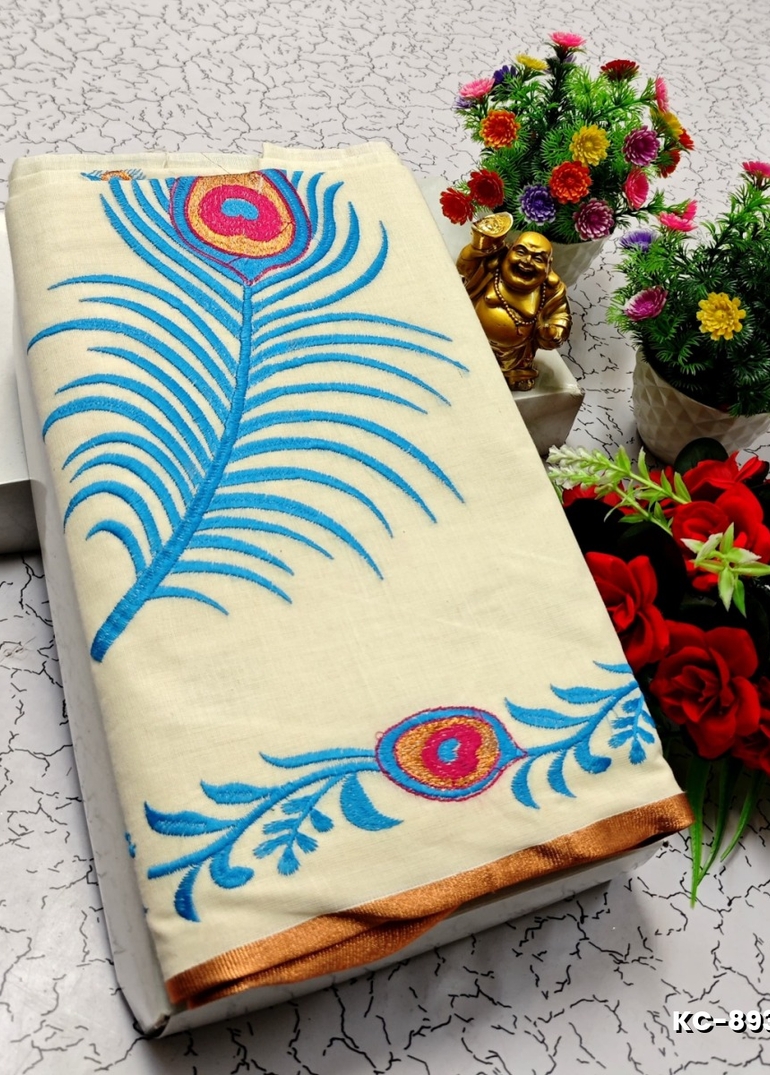 TRENDING KERALA SPECIAL FULL WORK EMBOSSED DIGITAL PRINTING COTTON SAREE COLLECTIONS - IVORY COLOUR (45)