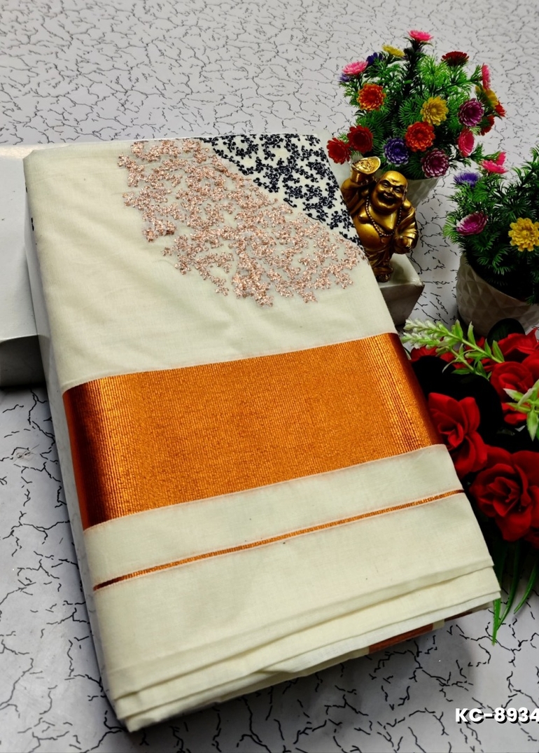 TRENDING KERALA SPECIAL FULL WORK EMBOSSED DIGITAL PRINTING COTTON  SAREE COLLECTIONS - WHITE (63)