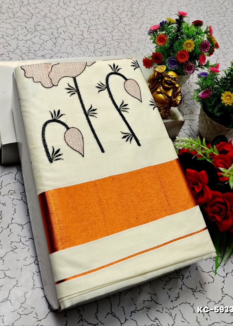 TRENDING KERALA SPECIAL FULL WORK EMBOSSED DIGITAL PRINTING COTTON SAREE COLLECTIONS - BEIGE COLOUR (54)