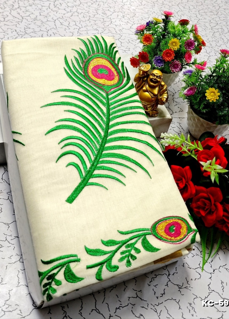 TRENDING KERALA SPECIAL FULL WORK EMBOSSED DIGITAL PRINTING COTTON  SAREE COLLECTIONS - IVORY COLOUR (46)