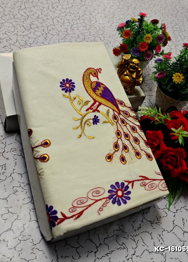 TRENDING KERALA SPECIAL FULL WORK EMBOSSED DIGITAL PRINTING COTTON SAREE COLLECTIONS - BEIGE COLOUR (58)