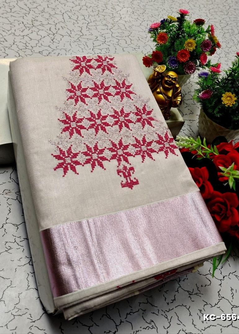 TRENDING KERALA SPECIAL FULL WORK EMBOSSED DIGITAL PRINTING TISSUE SAREE COLLECTIONS - BEIGE COLOUR (59)