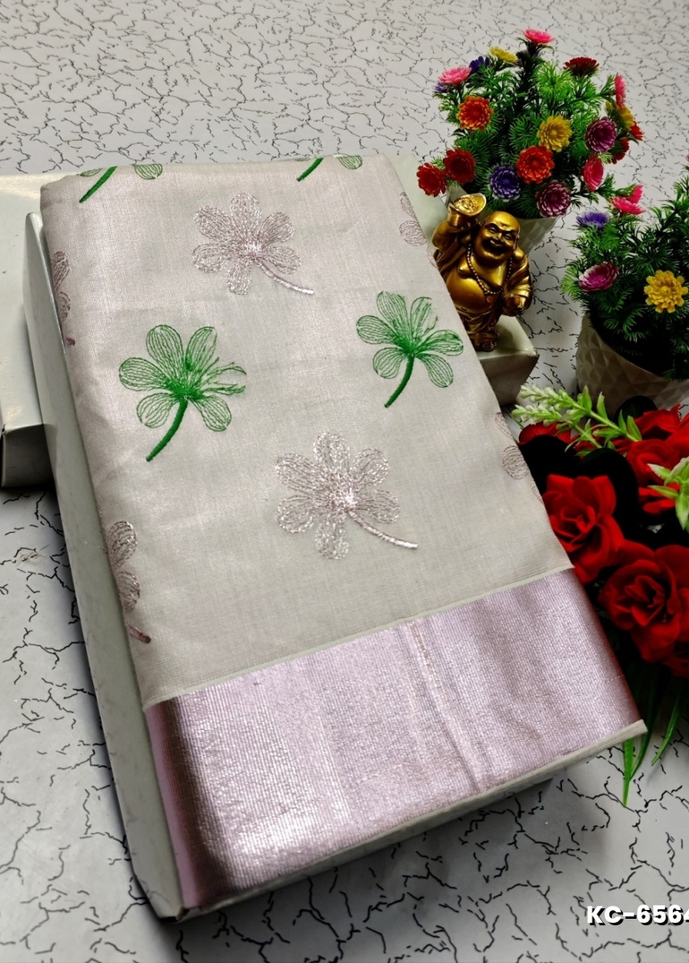 TRENDING KERALA SPECIAL FULL WORK EMBOSSED DIGITAL PRINTING TISSUE SAREE COLLECTIONS - WHITE (69)
