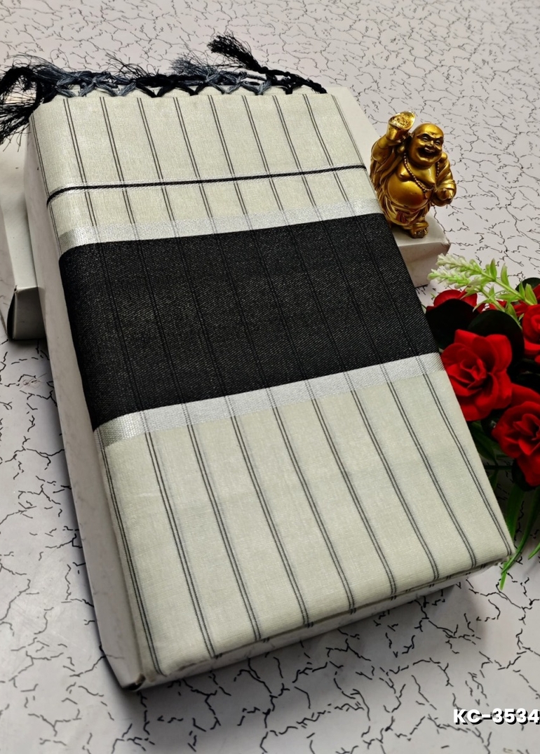 TRENDING KERALA SPECIAL FULL WORK EMBOSSED DIGITAL PRINTING TISSUE SAREE COLLECTIONS - IVORY COLOUR (52)