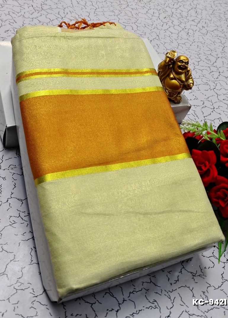 TRENDING KERALA SPECIAL FULL WORK EMBOSSED DIGITAL PRINTING TISSUE SAREE COLLECTIONS - BEIGE COLOUR (62)