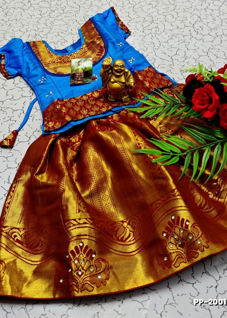 TRADITIONAL KIDS PATTU PAVADAI SET FUNCTION AND FESTIVAL WEAR - NORMAL  BLUE