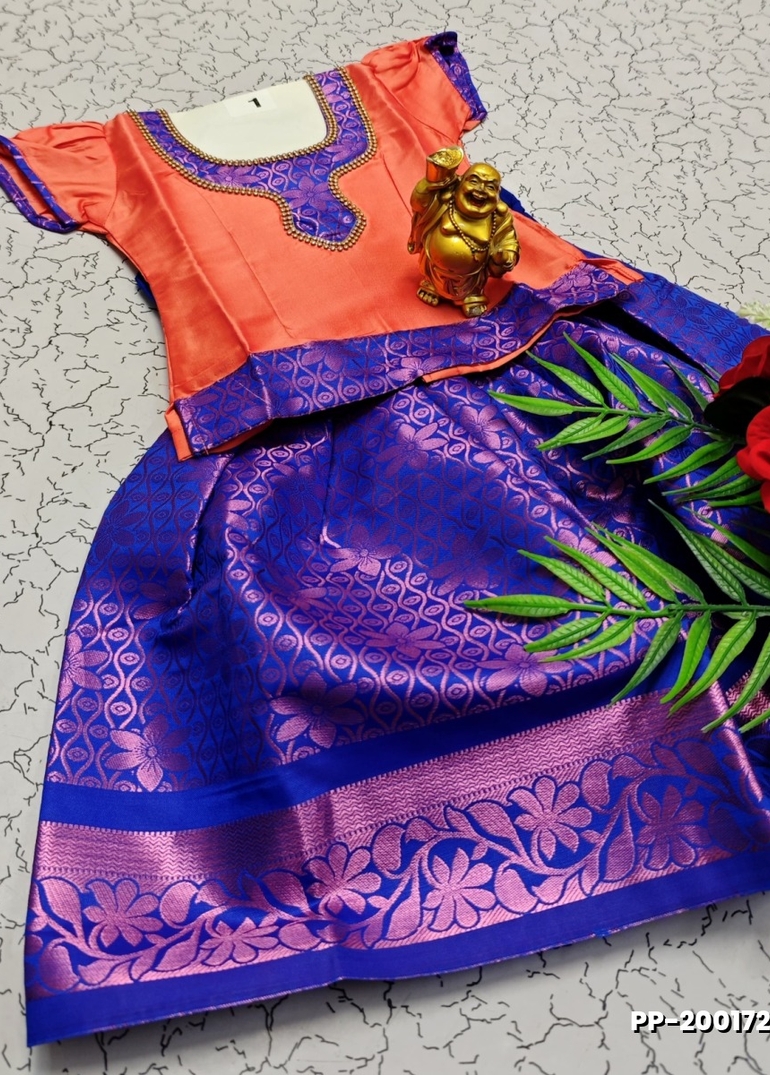 TRADITIONAL KIDS PATTU PAVADAI SET FUNCTION AND FESTIVAL WEAR - CORAL COLOUR