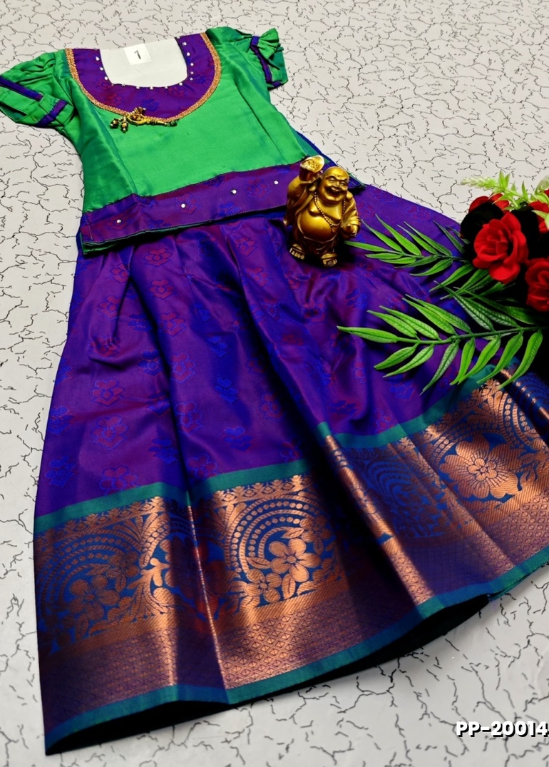 TRADITIONAL KIDS PATTU PAVADAI SET FUNCTION AND FESTIVAL WEAR - LIGHT GREEN SHADE