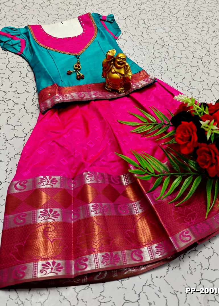 TRADITIONAL KIDS PATTU PAVADAI SET FUNCTION AND FESTIVAL WEAR - TEAL COLOUR