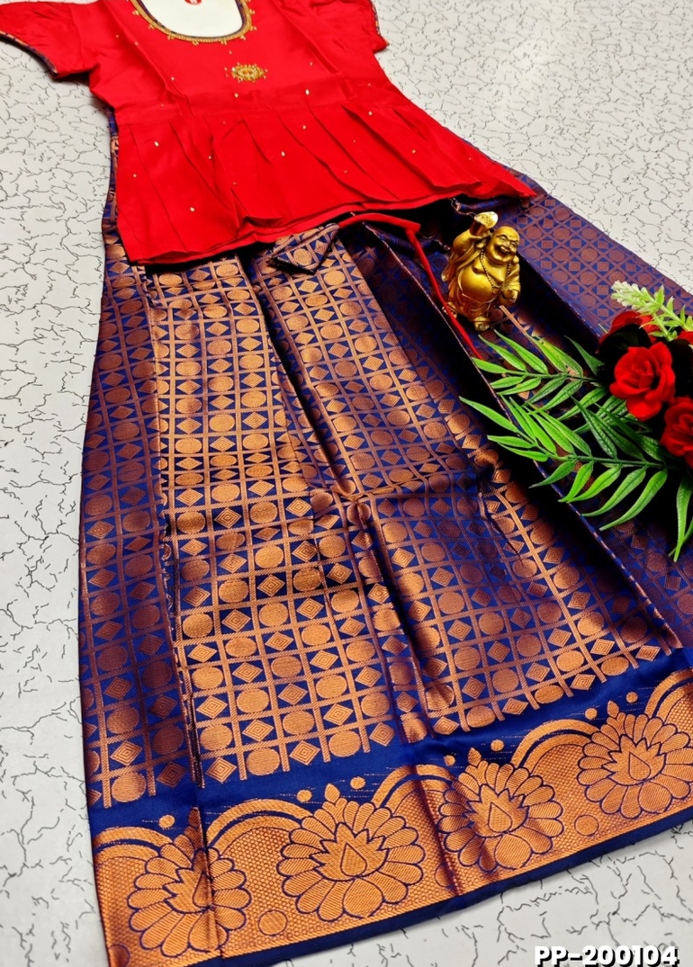 TRADITIONAL KIDS PATTU PAVADAI SET FUNCTION AND FESTIVAL WEAR - RED