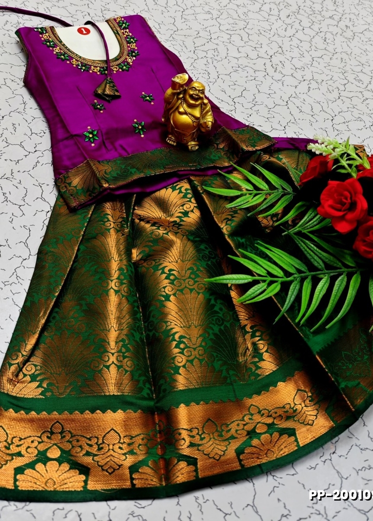 TRADITIONAL KIDS PATTU PAVADAI SET FUNCTION AND FESTIVAL WEAR - PURPLE COLOUR