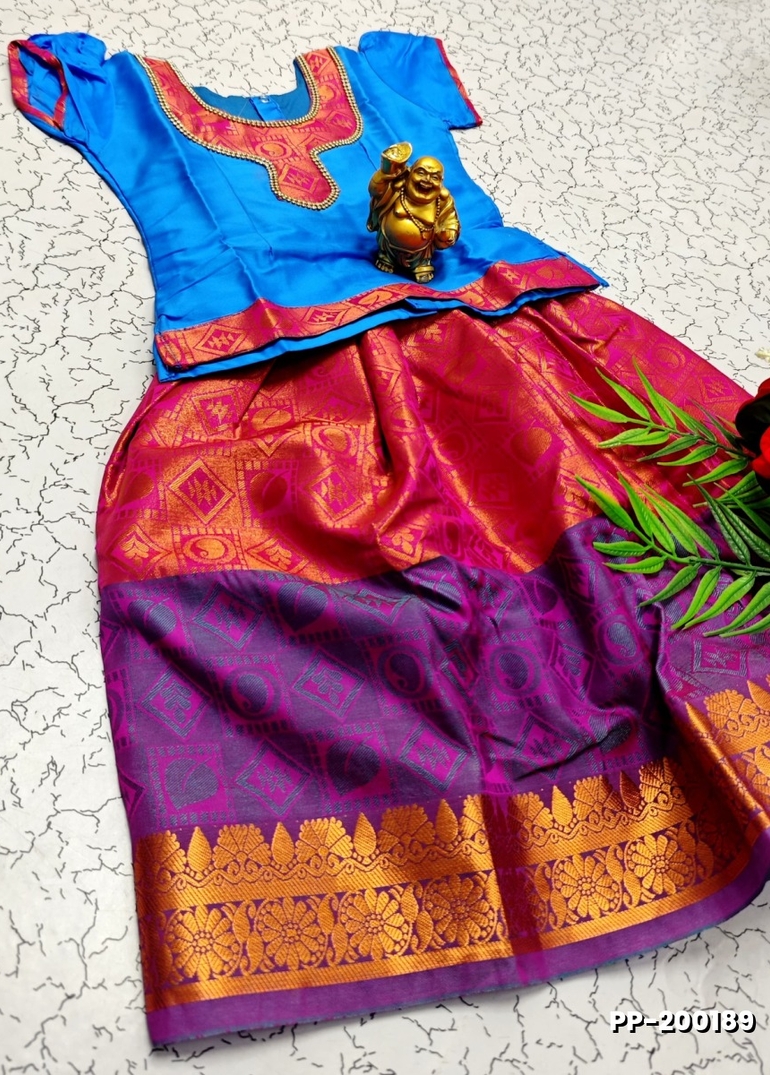 TRADITIONAL KIDS PATTU PAVADAI SET FUNCTION AND FESTIVAL WEAR - BLUE COLOUR