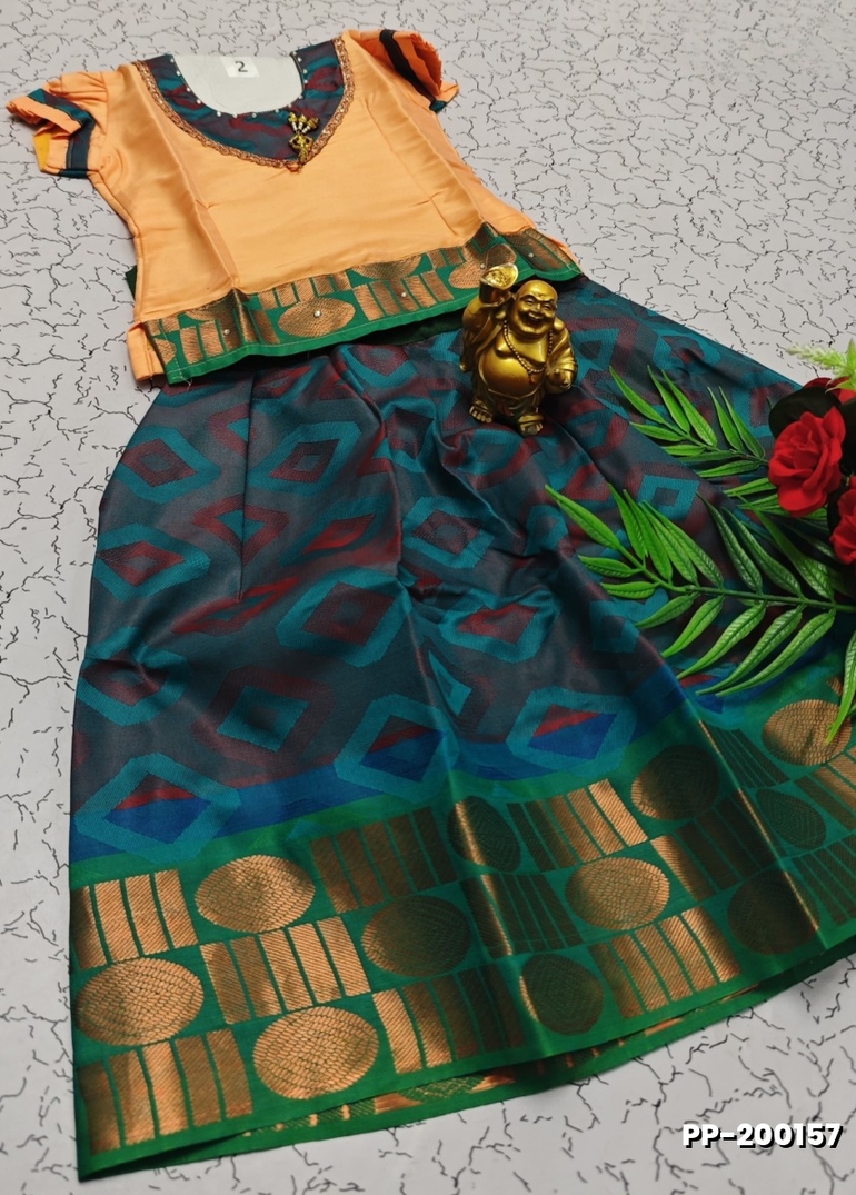 TRADITIONAL KIDS PATTU PAVADAI SET FUNCTION AND FESTIVAL WEAR - LIGHT ORANGE