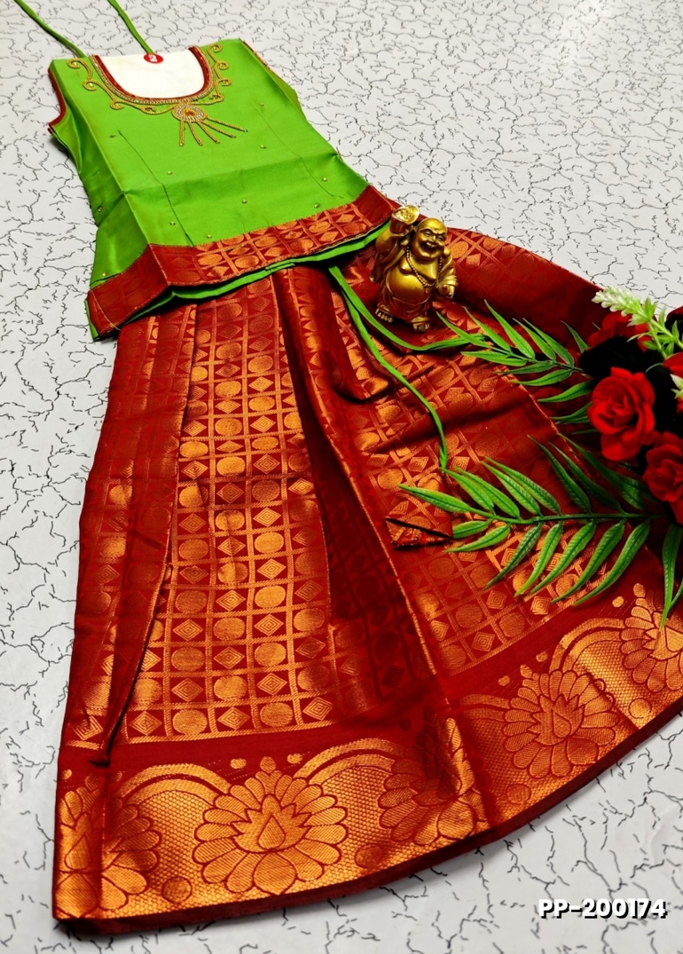 TRADITIONAL KIDS PATTU PAVADAI SET FUNCTION AND FESTIVAL WEAR - EMERALD COLOUR