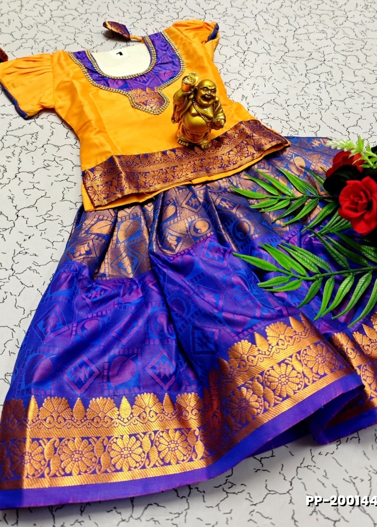 TRADITIONAL KIDS PATTU PAVADAI SET FUNCTION AND FESTIVAL WEAR - LIGHT YELLOW