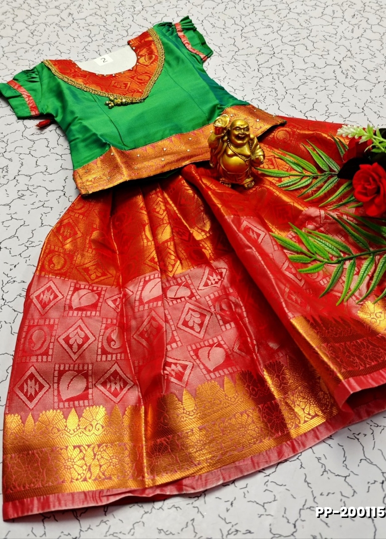 TRADITIONAL KIDS PATTU PAVADAI SET FUNCTION AND FESTIVAL WEAR - GREEN