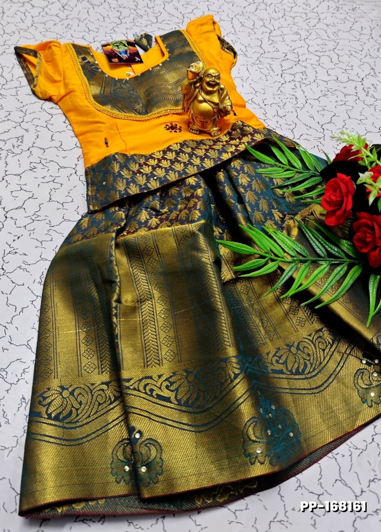 TRADITIONAL KIDS PATTU PAVADAI SET FUNCTION AND FESTIVAL WEAR - YELLOW COLOR (1)
