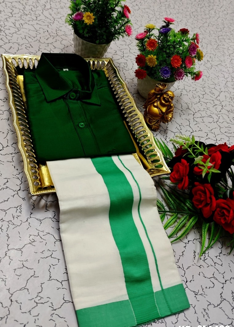 KIDS SHIRTS & DHOTIS COMBO FOR MENS ADJUSTABLE DHOTIS WITH COLOUR MATCHING BORDER BEST CHOICE FOR BOYS - BOTTLE GREEN