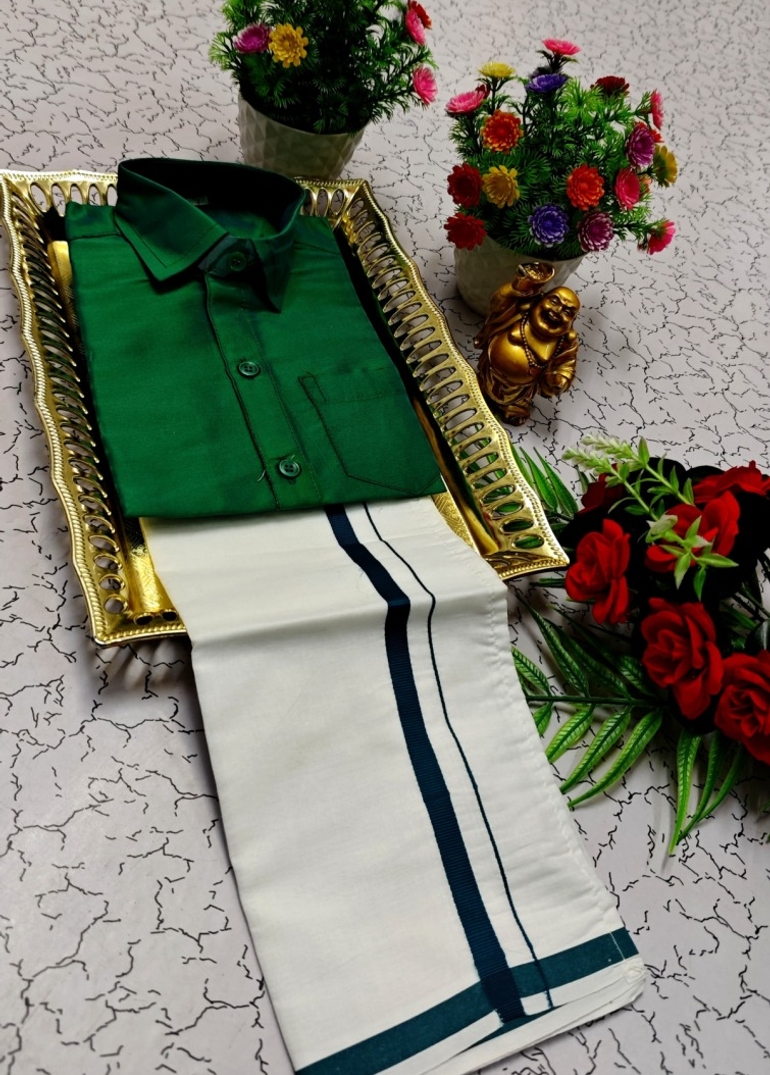 KIDS SHIRTS & DHOTIS COMBO FOR MENS ADJUSTABLE DHOTIS WITH COLOUR MATCHING BORDER BEST CHOICE FOR BOYS - GREEN