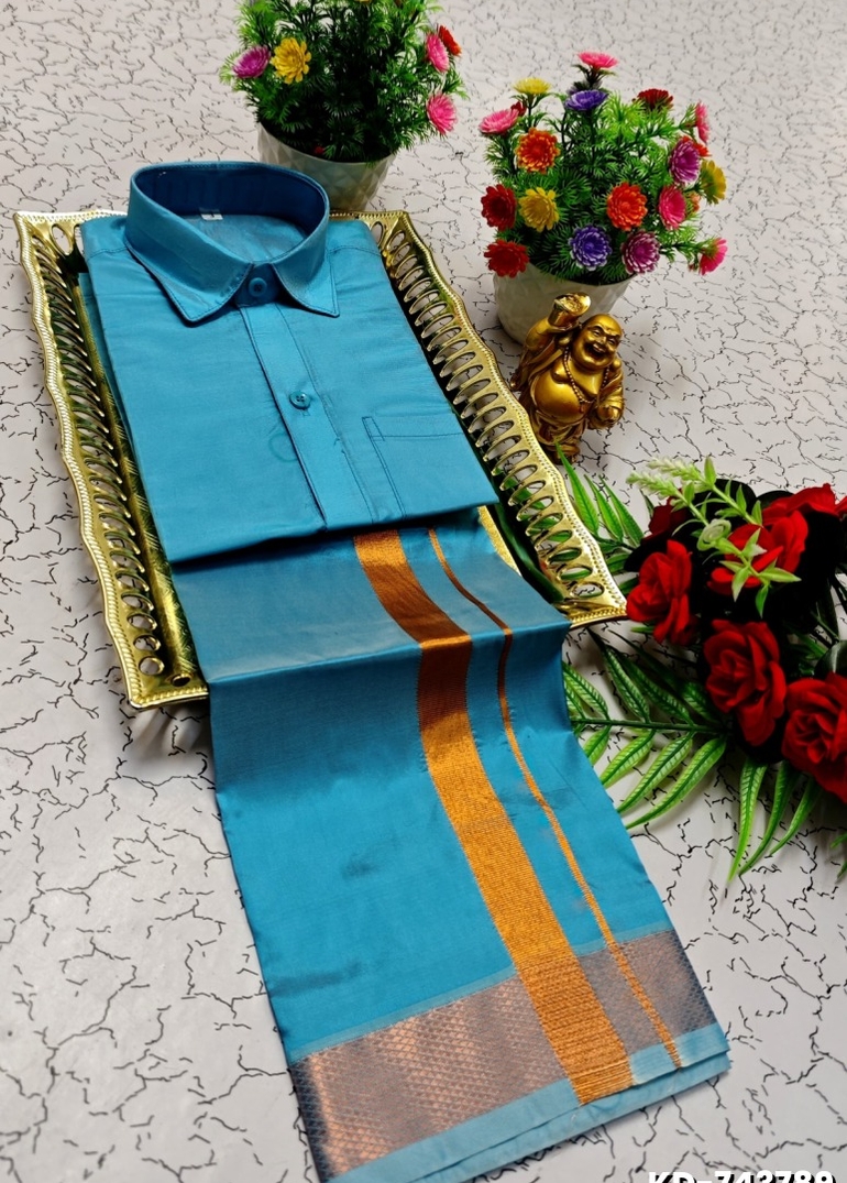 KIDS SHIRTS & DHOTIS COMBO FOR MENS ADJUSTABLE DHOTIS WITH COLOUR MATCHING BORDER BEST CHOICE FOR BOYS - BLUE COLOUR