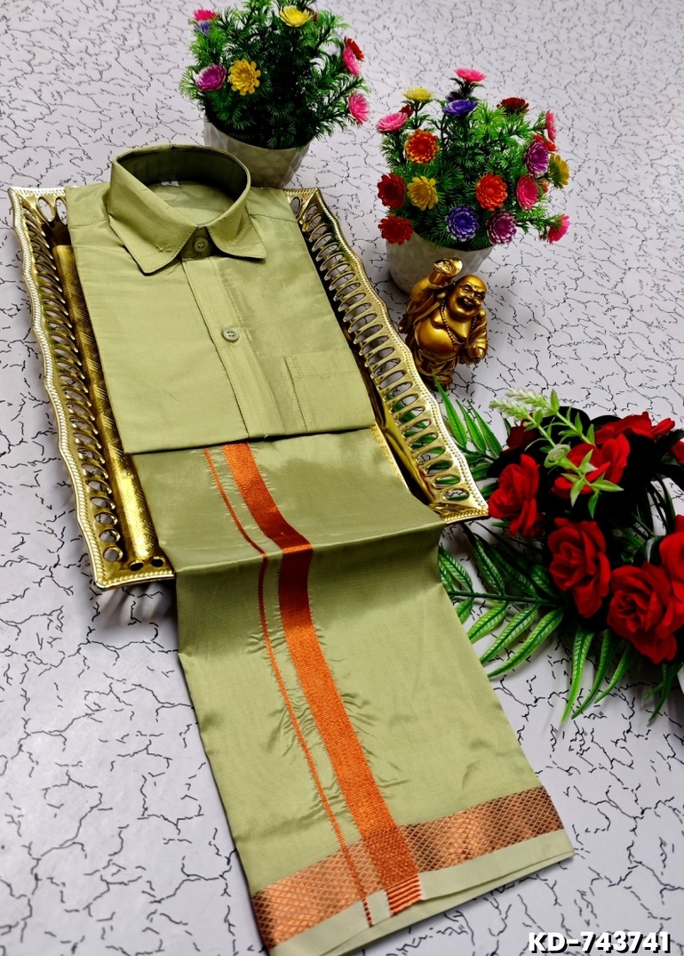 KIDS SHIRTS & DHOTIS COMBO FOR MENS ADJUSTABLE DHOTIS WITH COLOUR MATCHING BORDER BEST CHOICE FOR BOYS - LIGHT GREEN