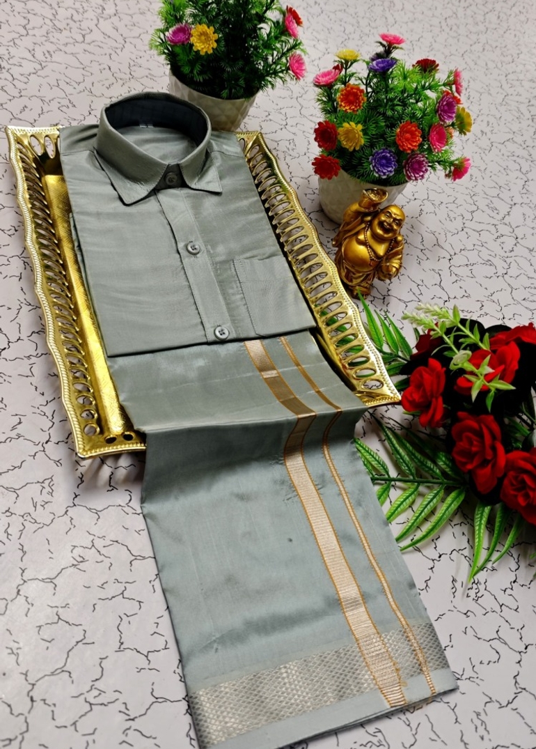 KIDS SHIRTS & DHOTIS COMBO FOR MENS ADJUSTABLE DHOTIS WITH COLOUR MATCHING BORDER BEST CHOICE FOR BOYS - SILVAR