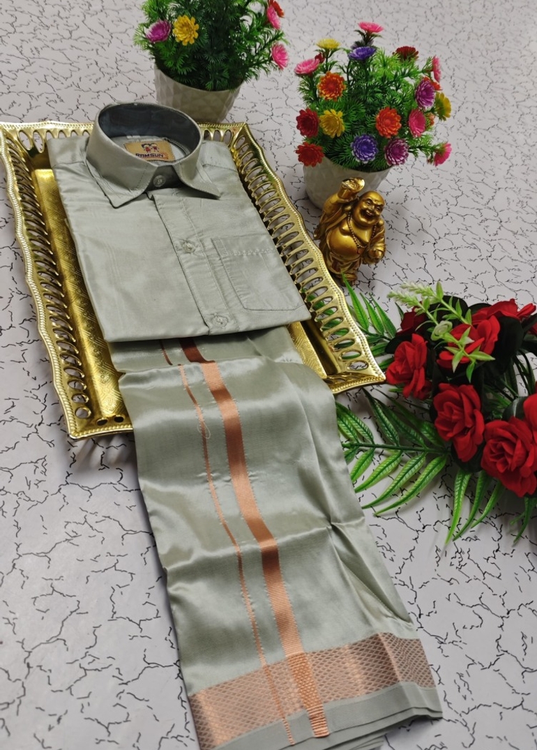 KIDS SHIRTS & DHOTIS COMBO FOR MENS ADJUSTABLE DHOTIS WITH COLOUR MATCHING BORDER BEST CHOICE FOR BOYS - SILVAR COLOUR