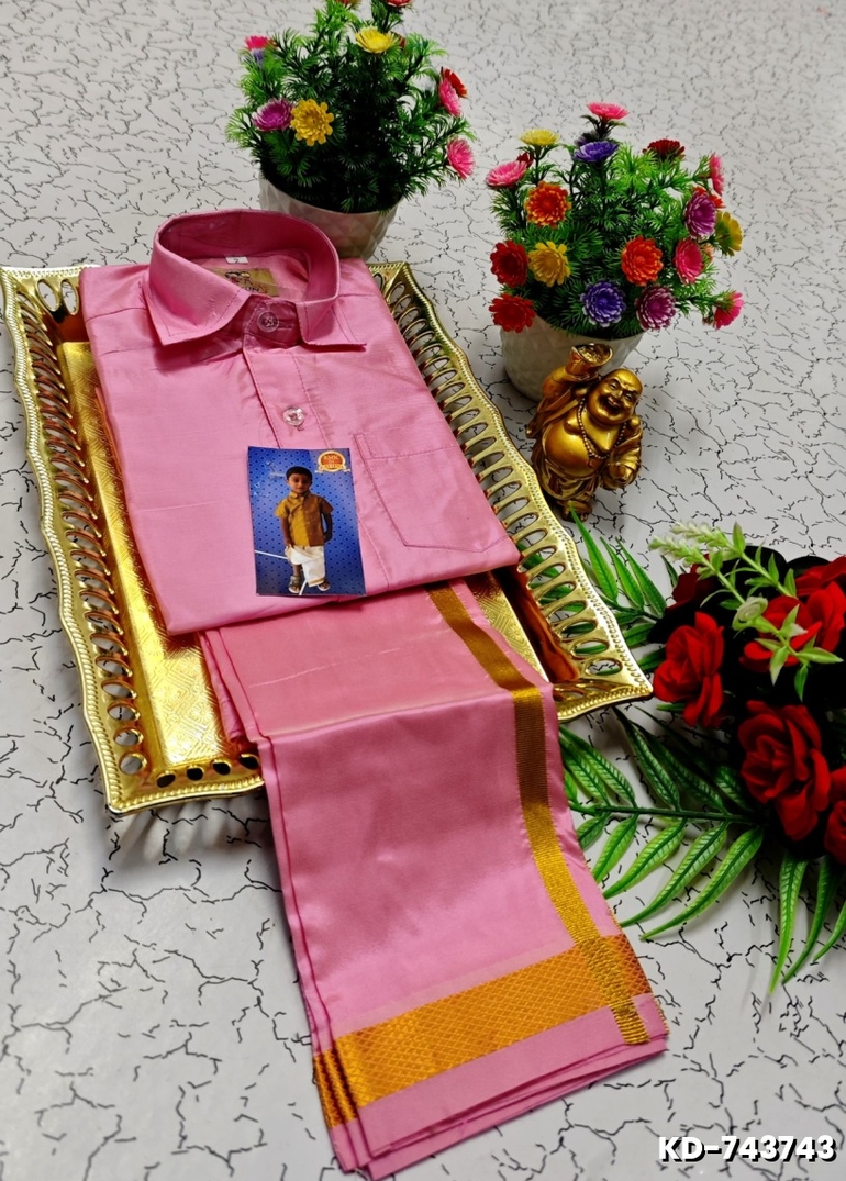 KIDS SHIRTS & DHOTIS COMBO FOR MENS ADJUSTABLE DHOTIS WITH COLOUR MATCHING BORDER BEST CHOICE FOR BOYS - LIGHT PINK