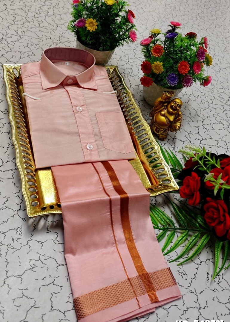 KIDS SHIRTS & DHOTIS COMBO FOR MENS ADJUSTABLE DHOTIS WITH COLOUR MATCHING BORDER BEST CHOICE FOR BOYS - BABY PINK
