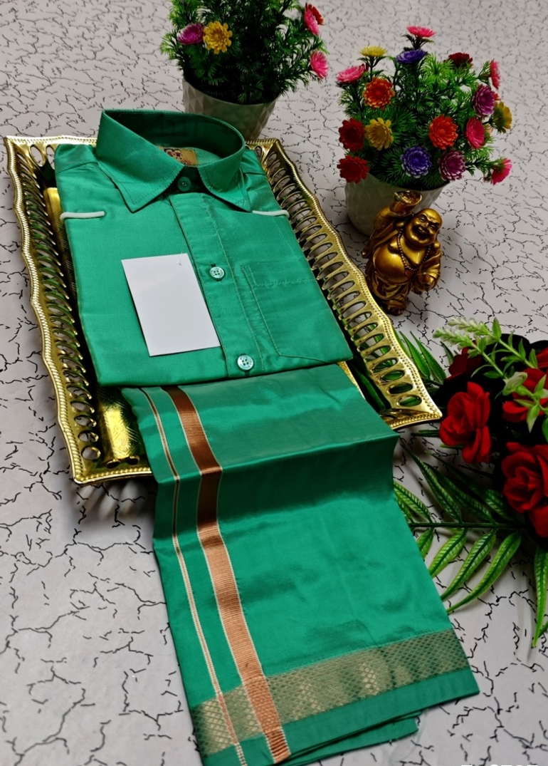 KIDS SHIRTS & DHOTIS COMBO FOR MENS ADJUSTABLE DHOTIS WITH COLOUR MATCHING BORDER BEST CHOICE FOR BOYS - TEAL COLOUR