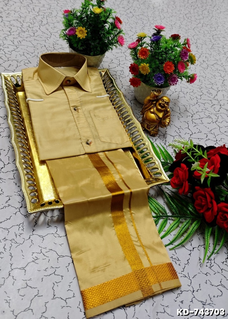 KIDS SHIRTS & DHOTIS COMBO FOR MENS ADJUSTABLE DHOTIS WITH COLOUR MATCHING BORDER BEST CHOICE FOR BOYS - GOLD