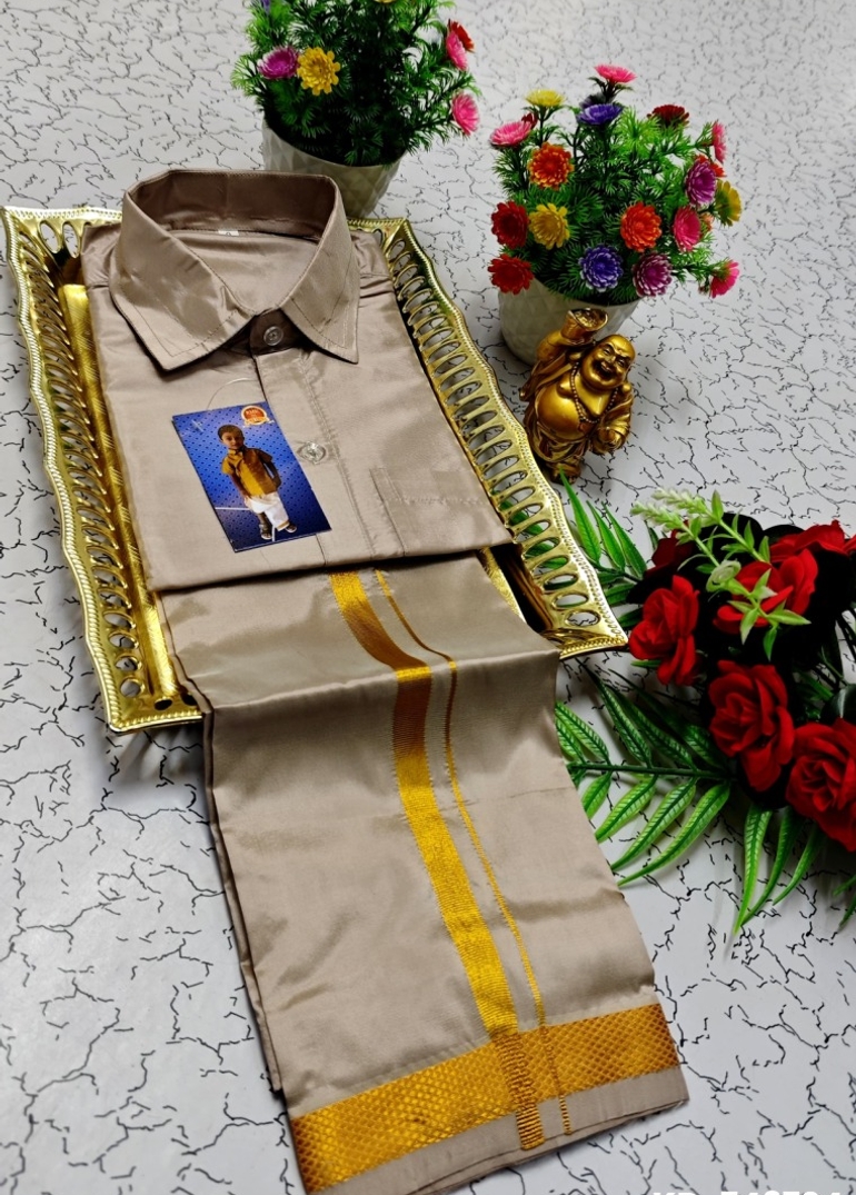 KIDS SHIRTS & DHOTIS COMBO FOR MENS ADJUSTABLE DHOTIS WITH COLOUR MATCHING BORDER BEST CHOICE FOR BOYS - CHOCOLATE COLOR