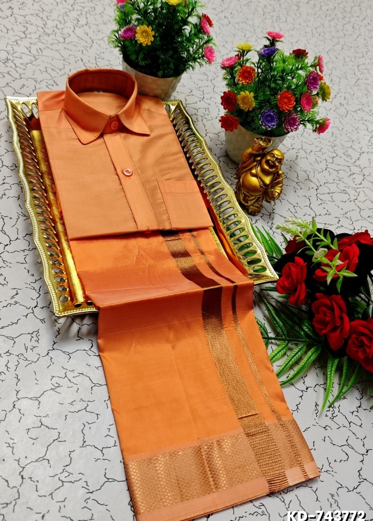 KIDS SHIRTS & DHOTIS COMBO FOR MENS ADJUSTABLE DHOTIS WITH COLOUR MATCHING BORDER BEST CHOICE FOR BOYS - CORAL COLOUR