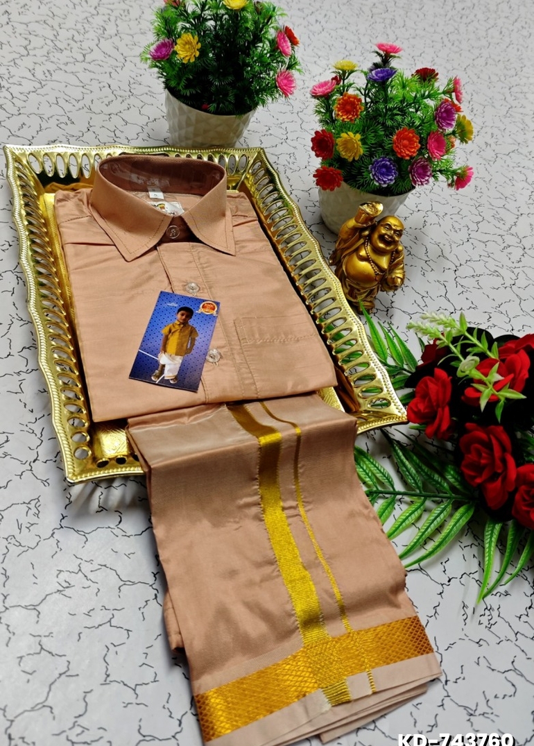 KIDS SHIRTS & DHOTIS COMBO FOR MENS ADJUSTABLE DHOTIS WITH COLOUR MATCHING BORDER BEST CHOICE FOR BOYS - CREAM COLOR