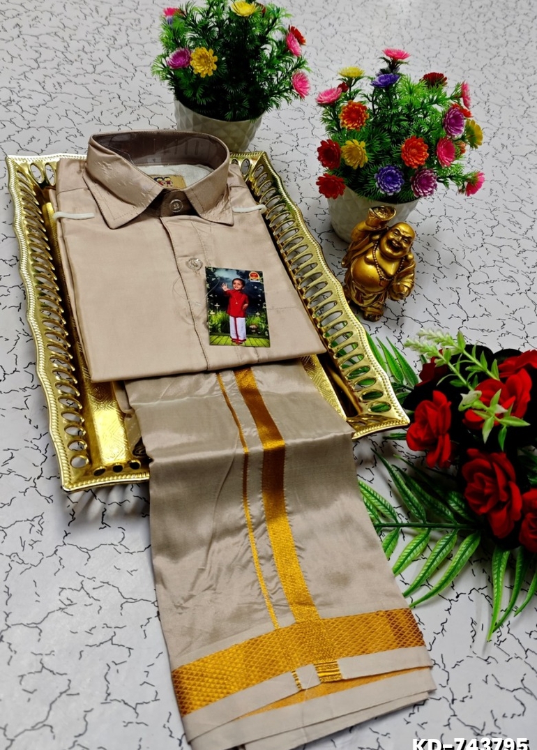 KIDS SHIRTS & DHOTIS COMBO FOR MENS ADJUSTABLE DHOTIS WITH COLOUR MATCHING BORDER BEST CHOICE FOR BOYS - OFF WHITE