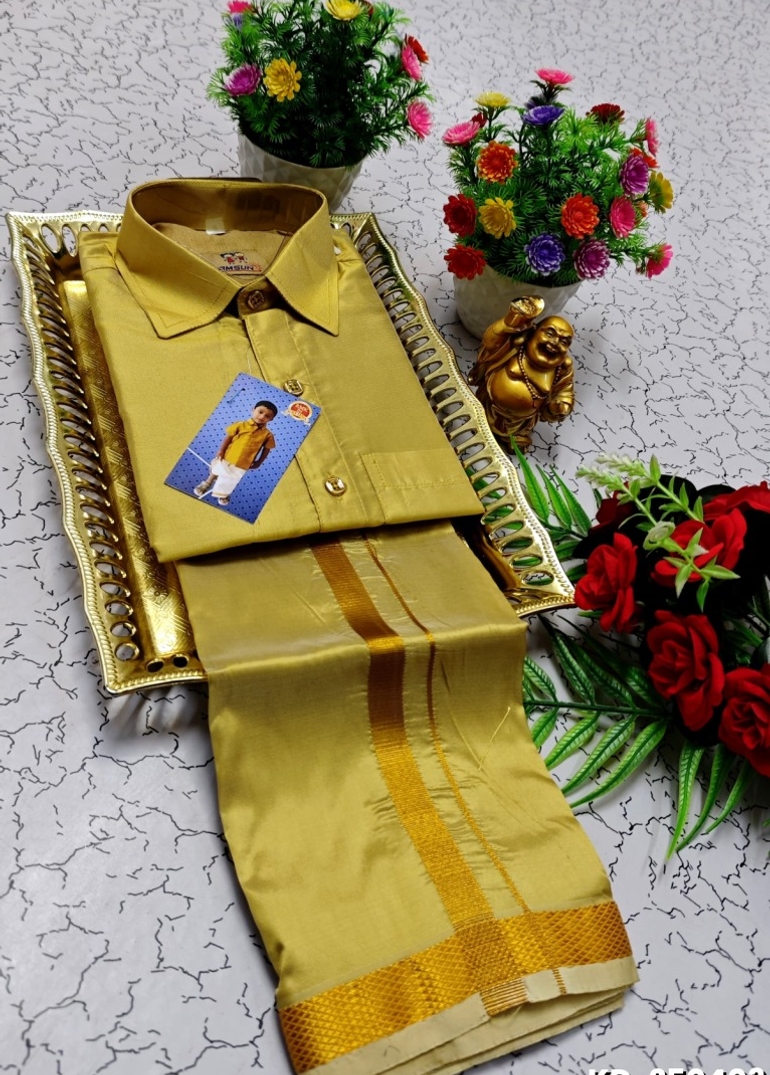 KIDS SHIRTS & DHOTIS COMBO FOR MENS ADJUSTABLE DHOTIS WITH COLOUR MATCHING BORDER BEST CHOICE FOR BOYS - GOLD (1)