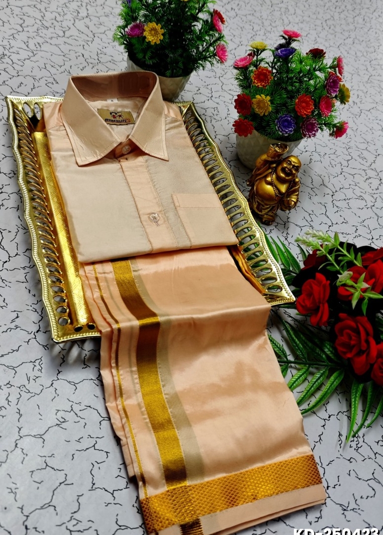 KIDS SHIRTS & DHOTIS COMBO FOR MENS ADJUSTABLE DHOTIS WITH COLOUR MATCHING BORDER BEST CHOICE FOR BOYS - LIGHT SANDLE (1)