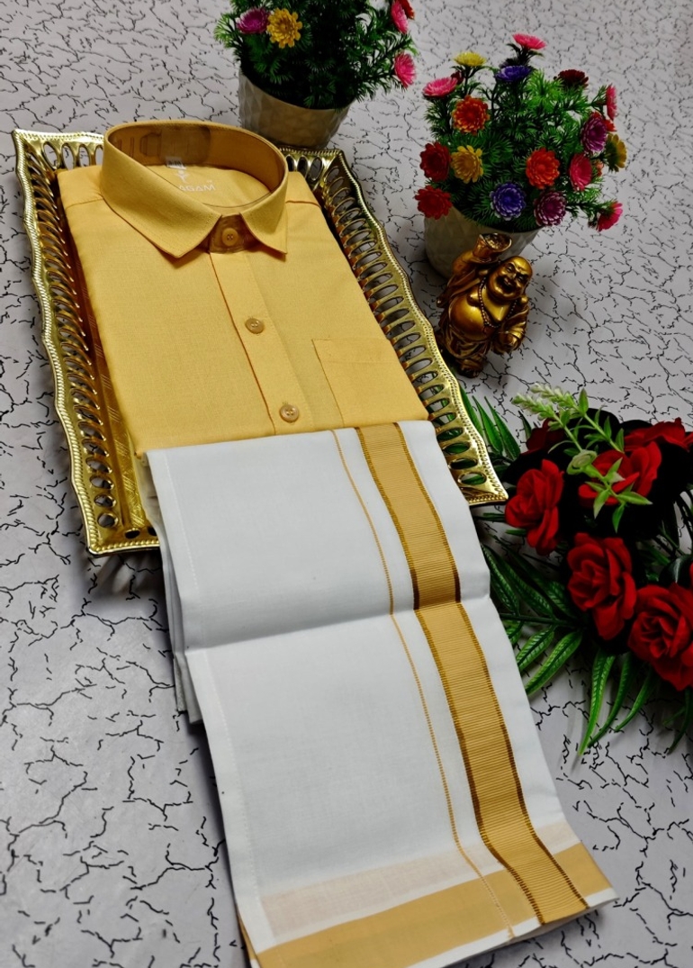 KIDS SHIRTS & DHOTIS COMBO FOR MENS ADJUSTABLE DHOTIS WITH COLOUR MATCHING BORDER BEST CHOICE FOR BOYS - LIGHT YELLOW