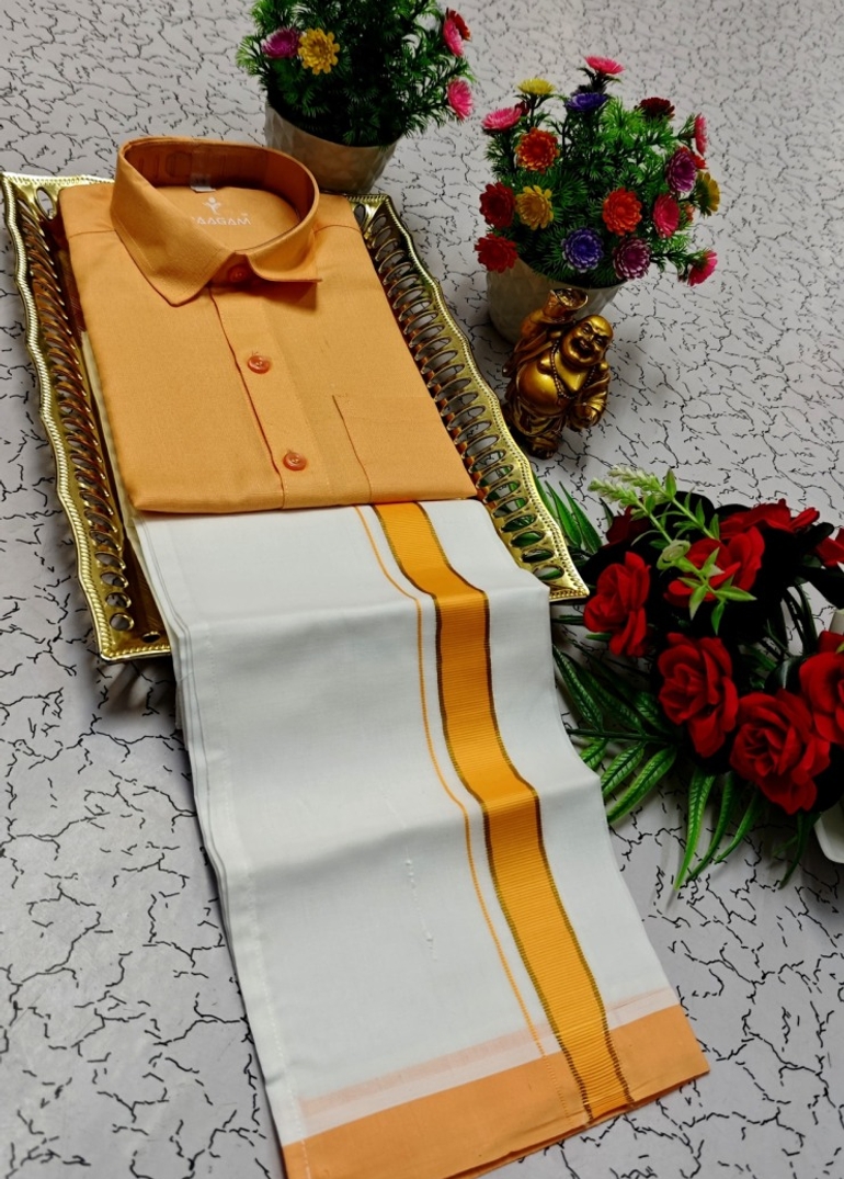 KIDS SHIRTS & DHOTIS COMBO FOR MENS ADJUSTABLE DHOTIS WITH COLOUR MATCHING BORDER BEST CHOICE FOR BOYS - ORANGE N
