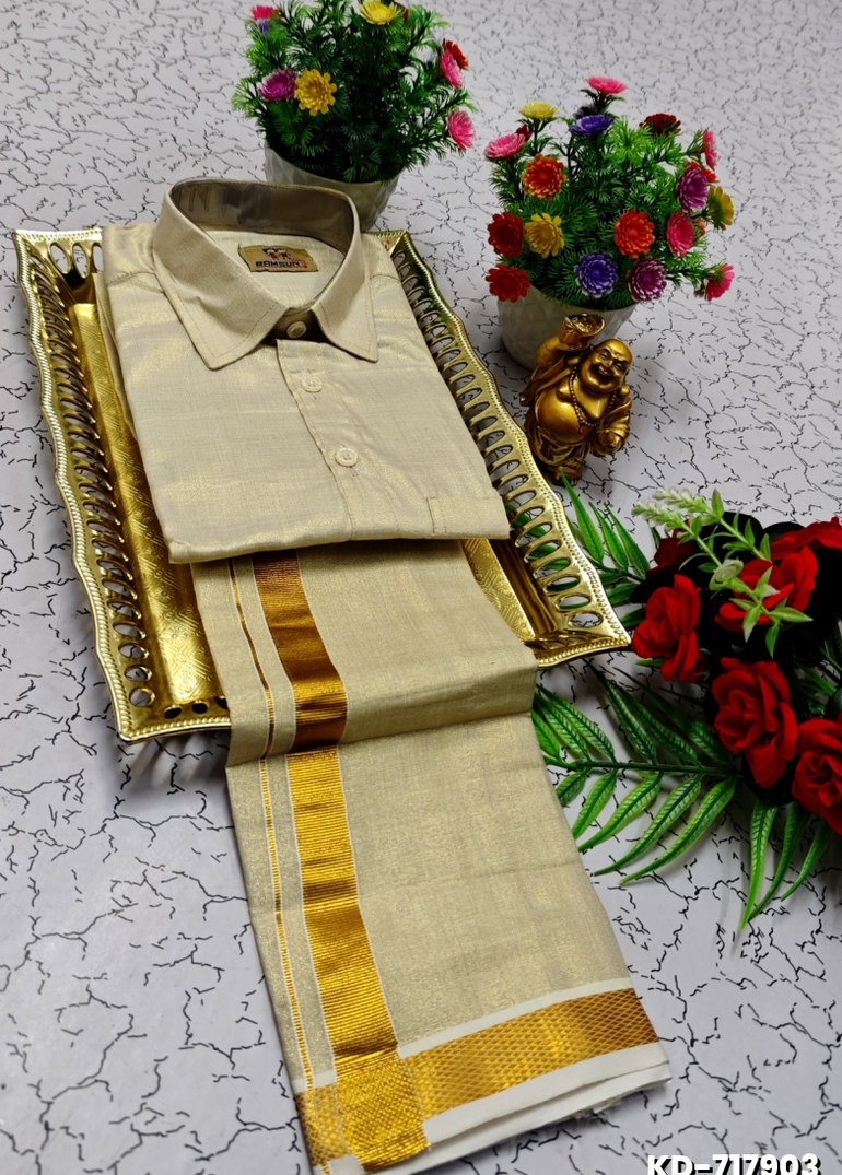 KIDS SHIRTS & DHOTIS COMBO FOR MENS ADJUSTABLE DHOTIS WITH COLOUR MATCHING BORDER BEST CHOICE FOR BOYS - GOLD (2)