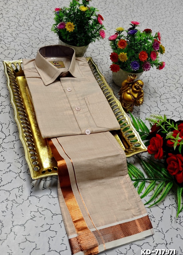 KIDS SHIRTS & DHOTIS COMBO FOR MENS ADJUSTABLE DHOTIS WITH COLOUR MATCHING BORDER BEST CHOICE FOR BOYS - PEACH COLOUR