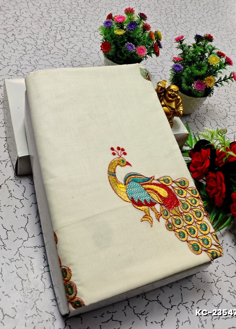 TRENDING KERALA SPECIAL FULL WORK EMBOSSED DIGITAL PRINTING COTTON SAREE COLLECTIONS - IVORY COLOUR (55)
