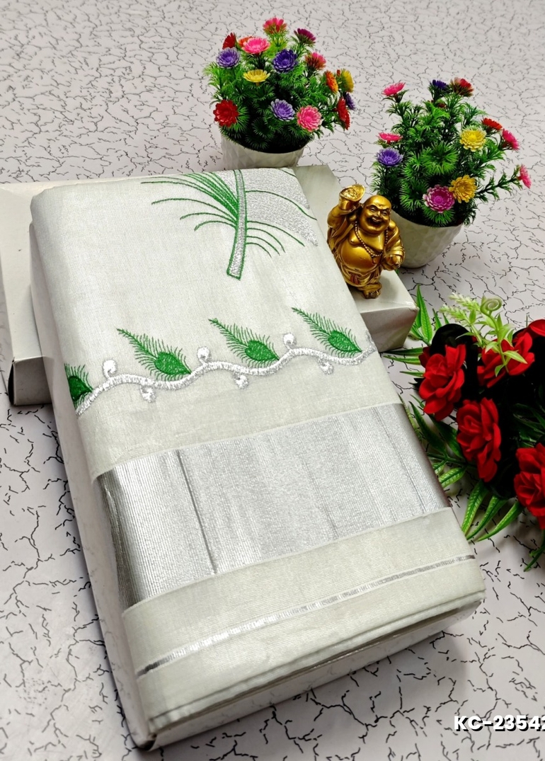 TRENDING KERALA SPECIAL FULL WORK EMBOSSED DIGITAL PRINTING TISSUE SAREE COLLECTIONS - WHITE (72)